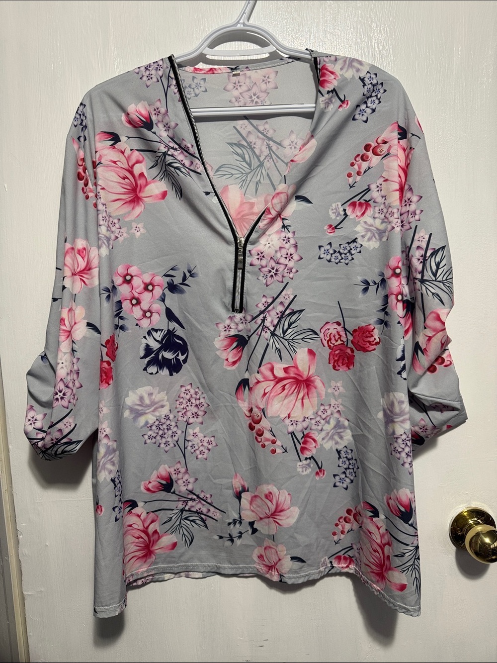 SHEIN Grey Floral Zip-Neck Tunic with Pink Blooms